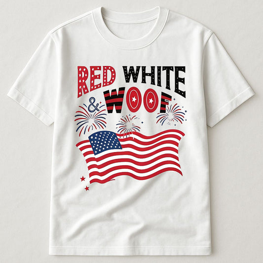 Red White & Woof Dog Lover American Flag Fireworks 4th Of July Patriotic T-Shirt