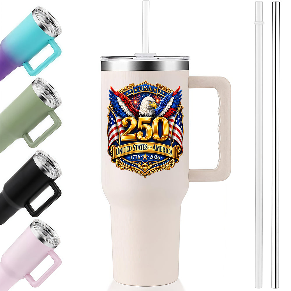 40oz Insulated Tumbler | USA 250th Anniversary Bald Eagle Golden Badge 1776-2026 Patriotic Large Capacity Travel Water Cup
