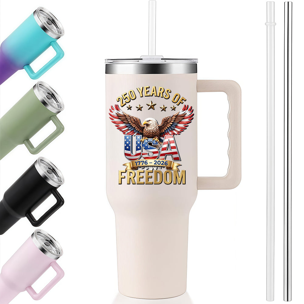 40oz Handle Travel Mug | 250 Years Of Freedom Eagle USA Flag Wings 1776-2026 Independence Day Reusable Stainless Steel Tumbler