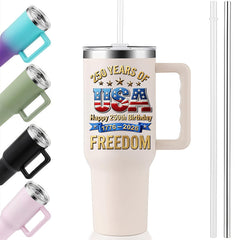 40oz Tumbler With Handle | Happy 250th USA Birthday 1776-2026 Stars Stripes Eagle Freedom Patriotic Gift Cup