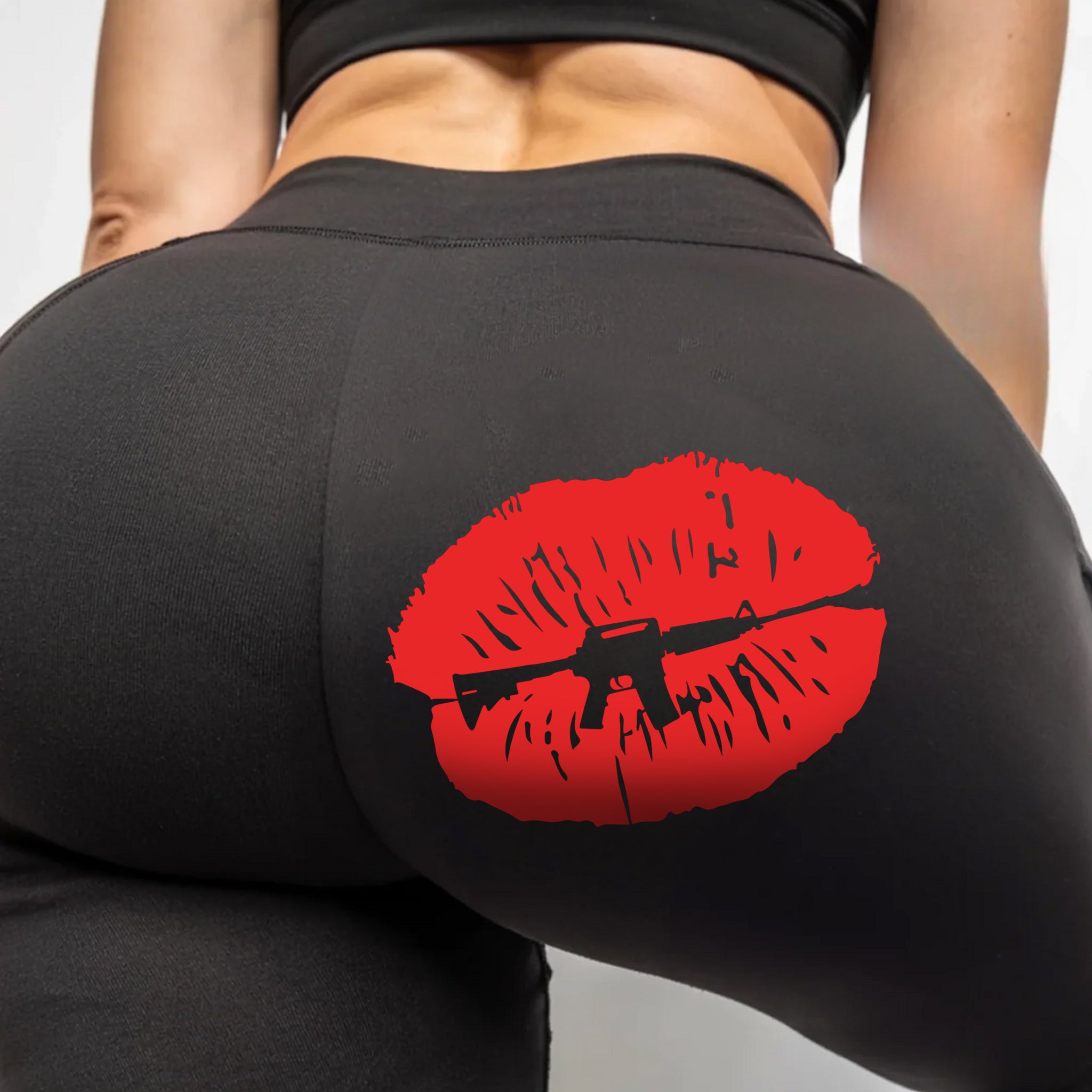 Custom Name Tan Leggings – Personalized High Waist Yoga Pants with Lips & Assault Rifle Graphic for Women