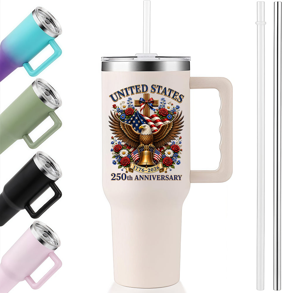 40oz Stainless Steel Tumbler | United States 250th Anniversary Eagle Cross Liberty Bell Floral Vintage Patriotic Christian Travel Mug
