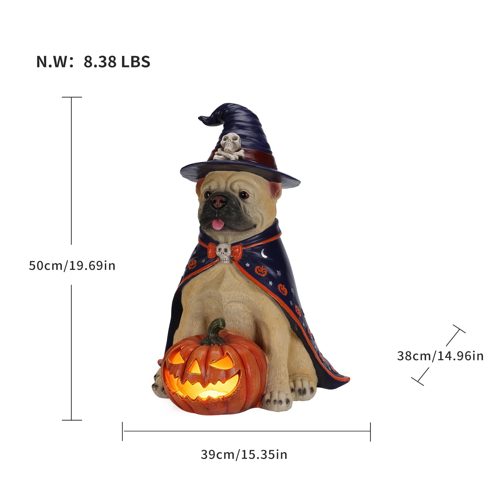 Size diagram of the bulldog witch statue with its height, width and depth measured in inches and its weight in pounds
