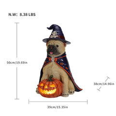 Size diagram of the bulldog witch statue with its height, width and depth measured in inches and its weight in pounds