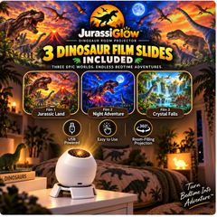 DinoGlow dinosaur projector showing 3D dinosaurs on bedroom wall