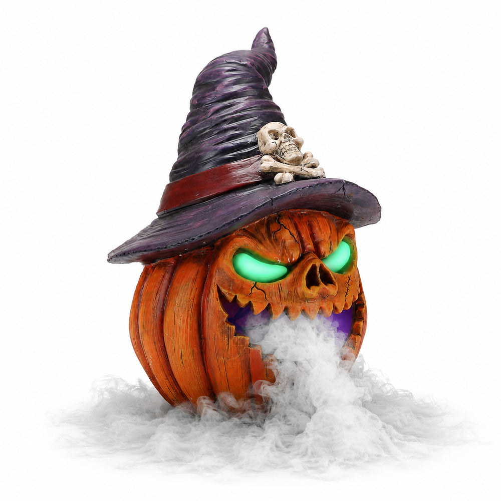 Witch hat pumpkin mist maker on a plain background, three quarter view, showing the ribbed pumpkin body
