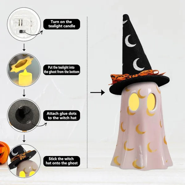 set of 3 ceramic ghost figurines with witch hats - product photo 2 of 6