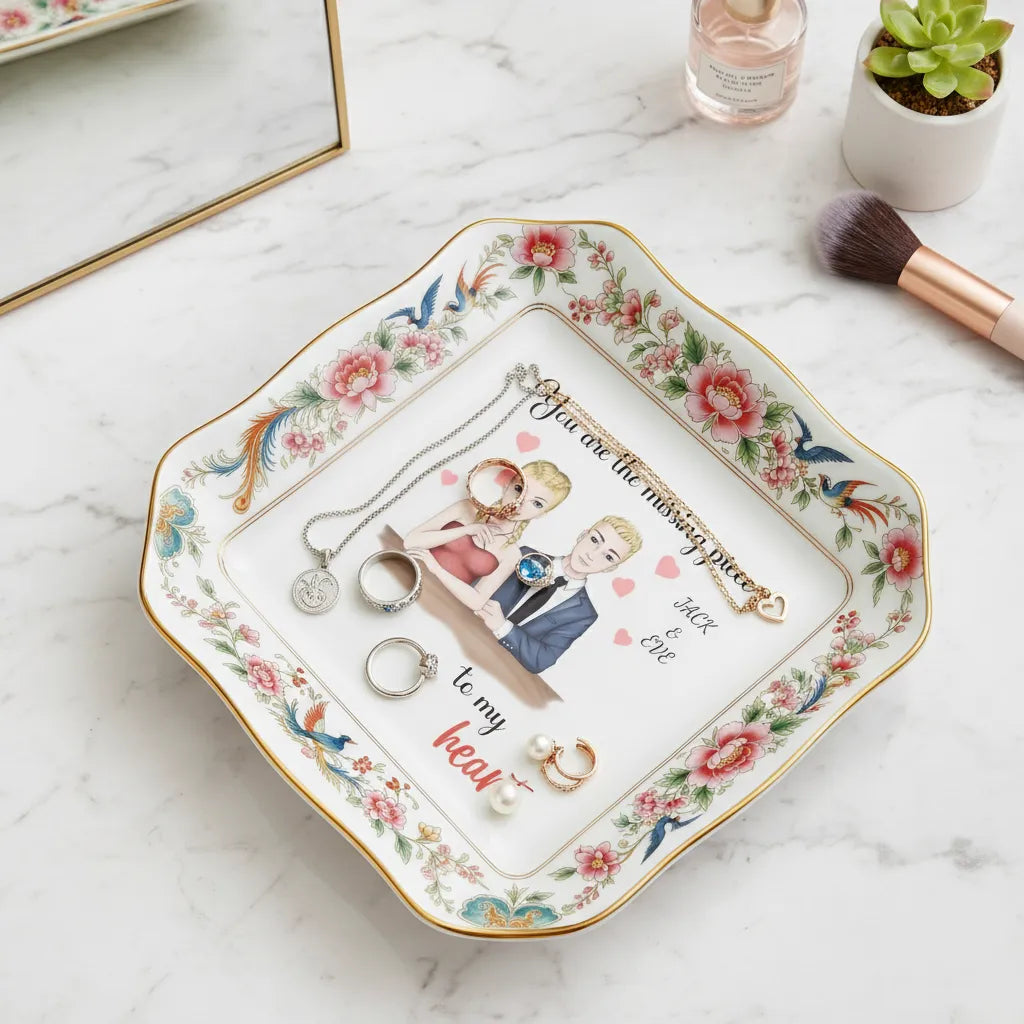 Custom Photo Ceramic Trinket Tray with Elegant Floral and Phoenix Bird Border-You are the missing piece to my heart