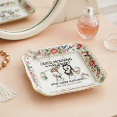 Custom Photo Ceramic Trinket Tray with Elegant Floral and Phoenix Bird Border-Good morning, human servant