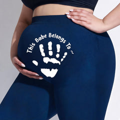 Pregnant woman's pants "This baby belongs to..." - Personalized names and palm prints impressions