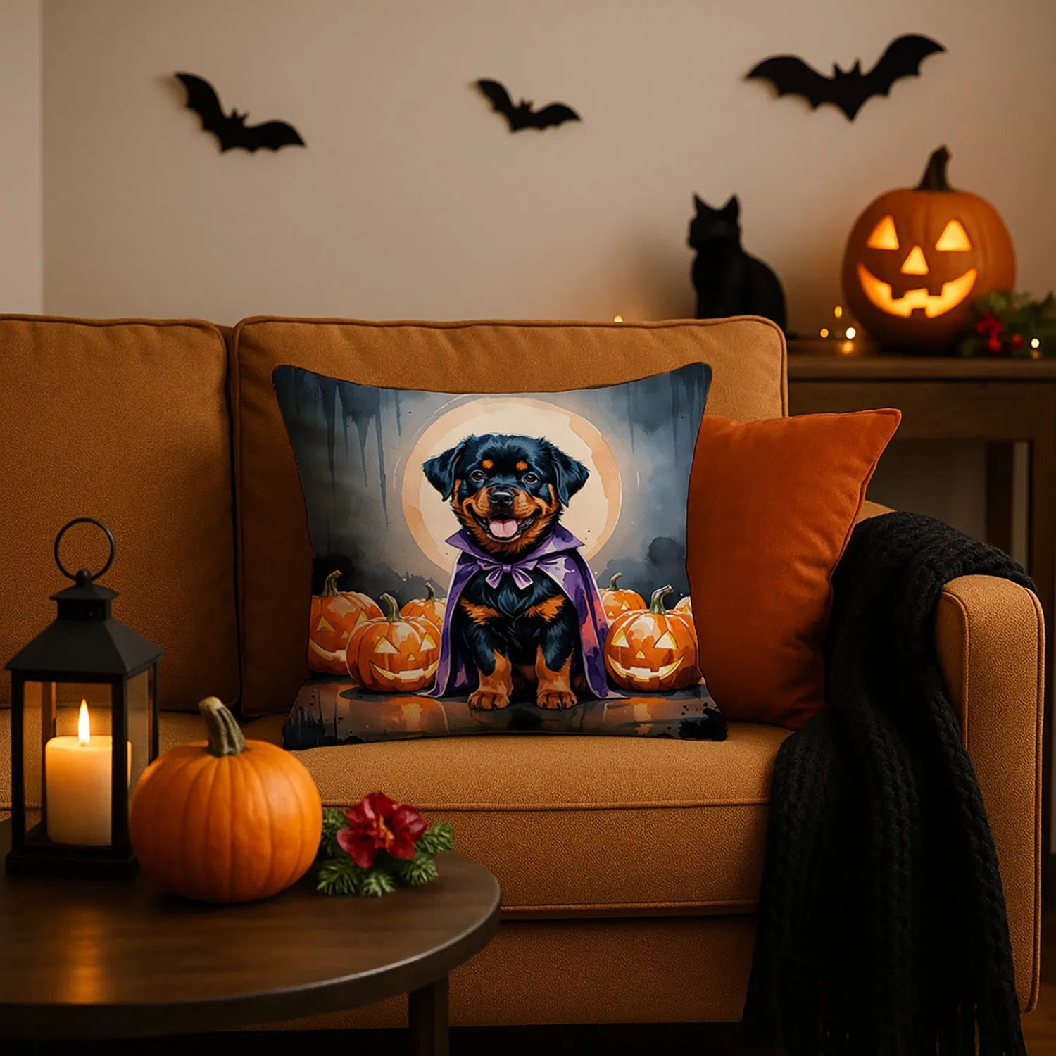rottweiler puppy halloween throw pillow with insert - product photo 2 of 8