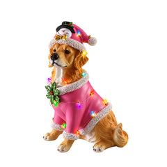 The Golden retriever in the pink Santa coat on a white background with the bulb string lit up around the body