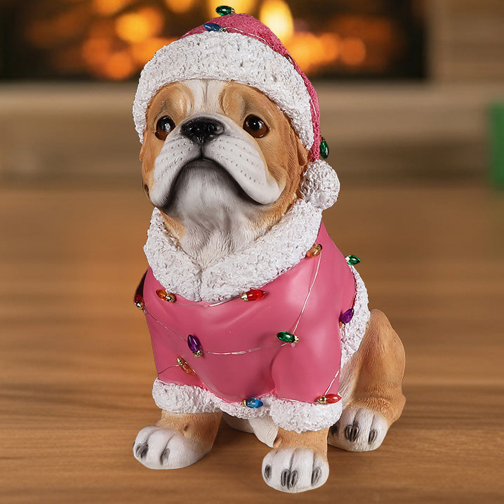A fawn pug sitting in a pink Santa coat with a string of colored lights across the back, in a living room at Christmas