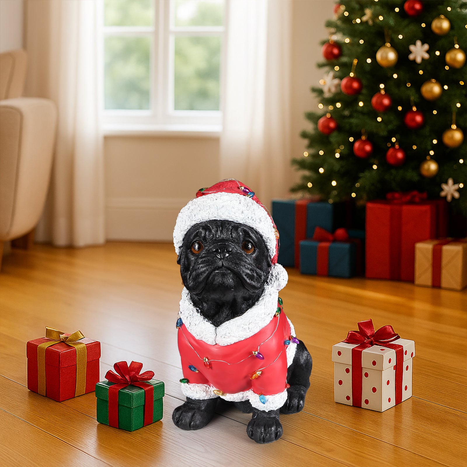 The Pug in the red Santa coat by a window with snow on the garden outside