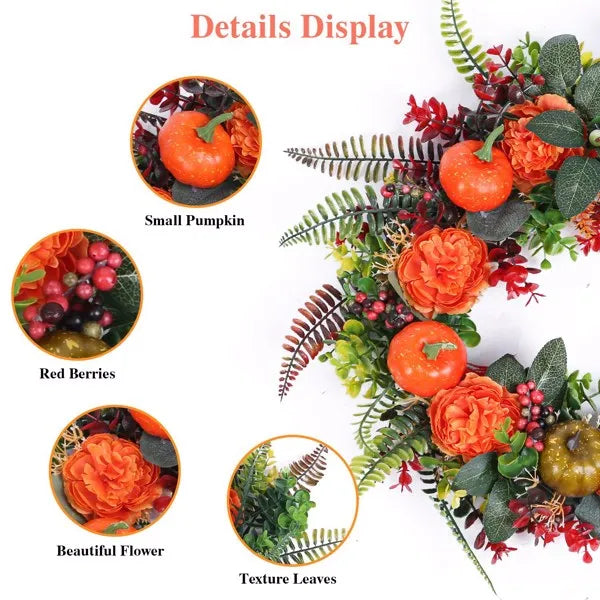 Close crop of the wreath detail: small pumpkins, red berries, roses and textured leaves