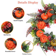 Close crop of the wreath detail: small pumpkins, red berries, roses and textured leaves