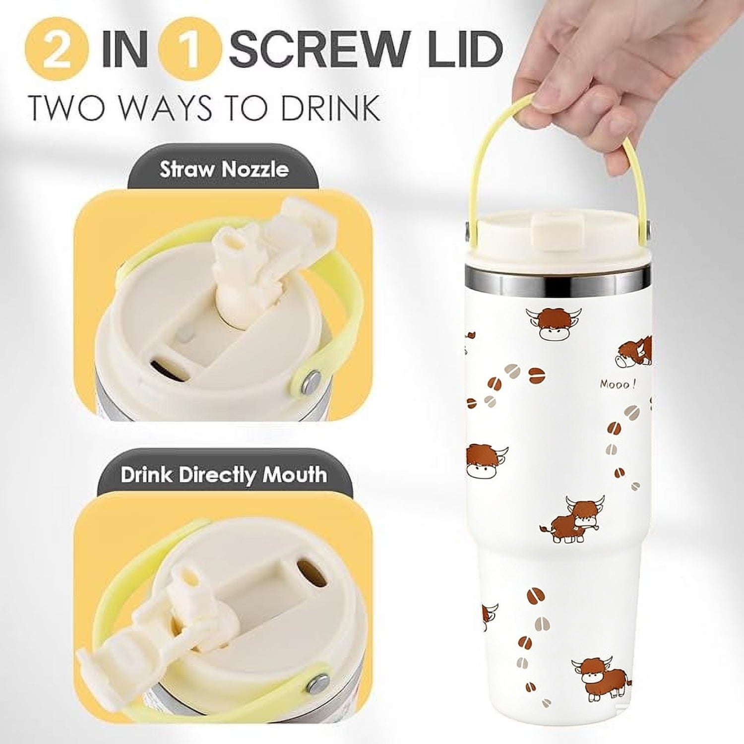 30 Oz Insulated Tumbler with Flip Straw & Carry Handle – Cute Highland Cow Stainless Steel Travel Cup, Leak-Proof Hot & Cold Tumbler
