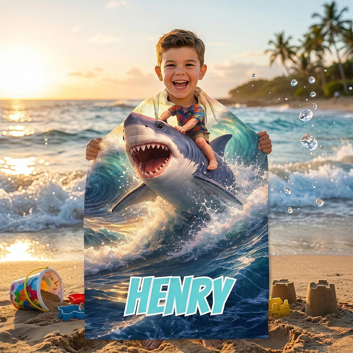 Personalized Shark Beach Towel, Custom Kids Pool Towels with Name, Summer Gift for Boys.