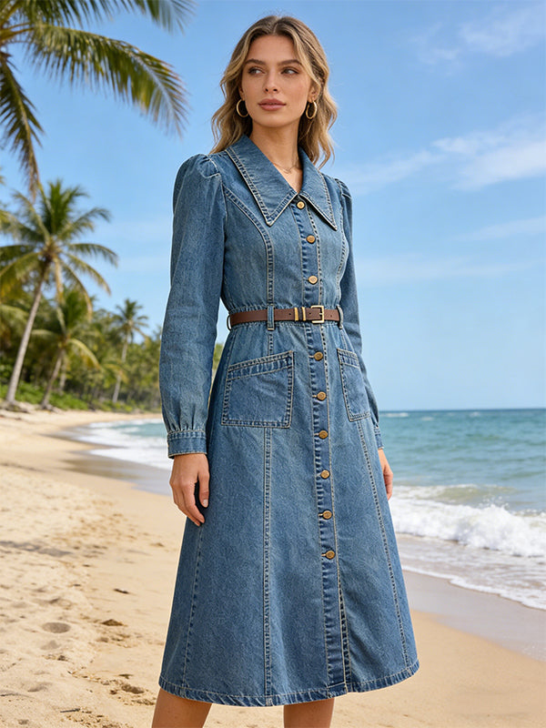 Luxury Style Collared Waist-Defining Casual Denim Dress