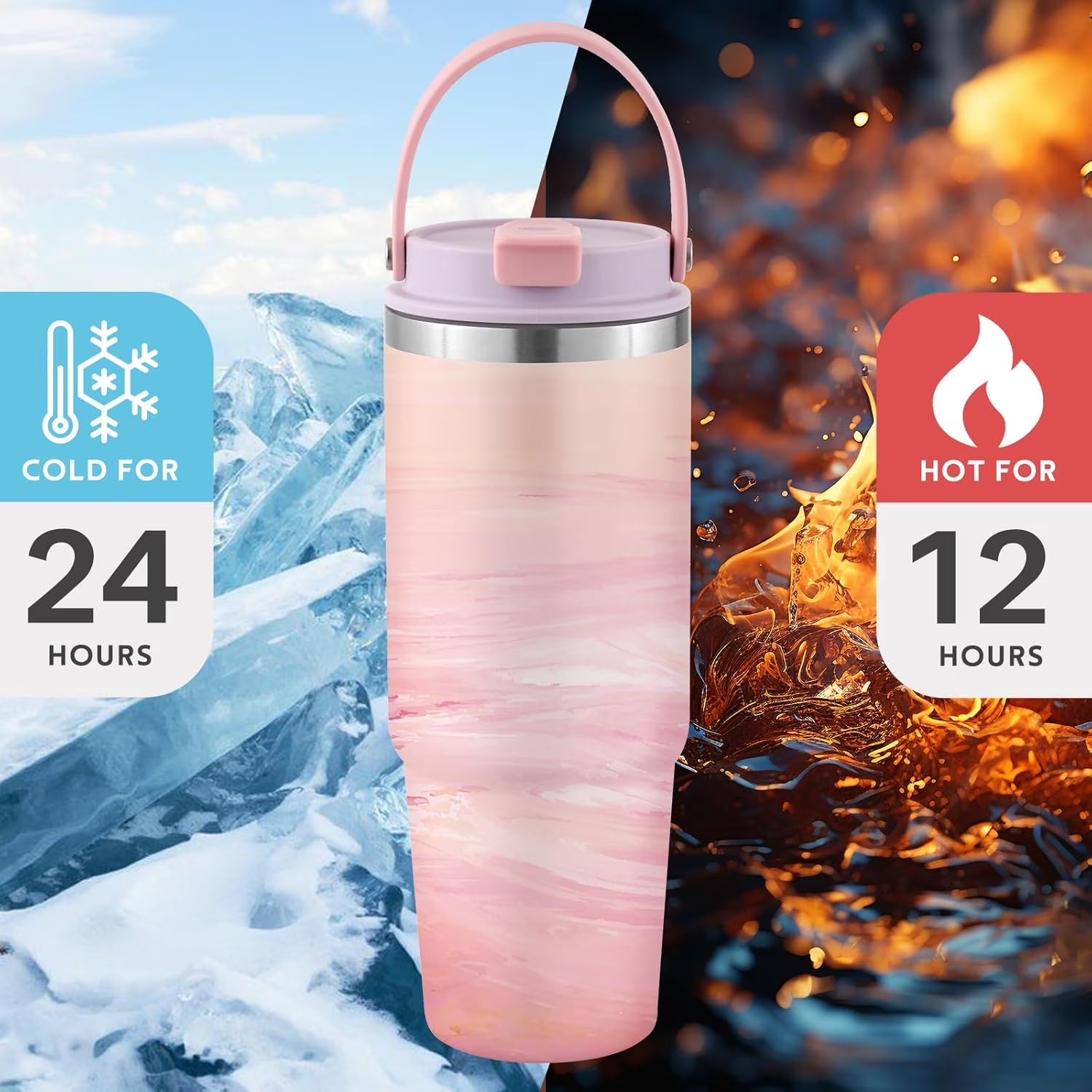 Pink Marble Insulated Tumbler with Handle & Flip Straw, Double Wall Stainless Steel Water Bottle for Gym, Travel & Everyday Use