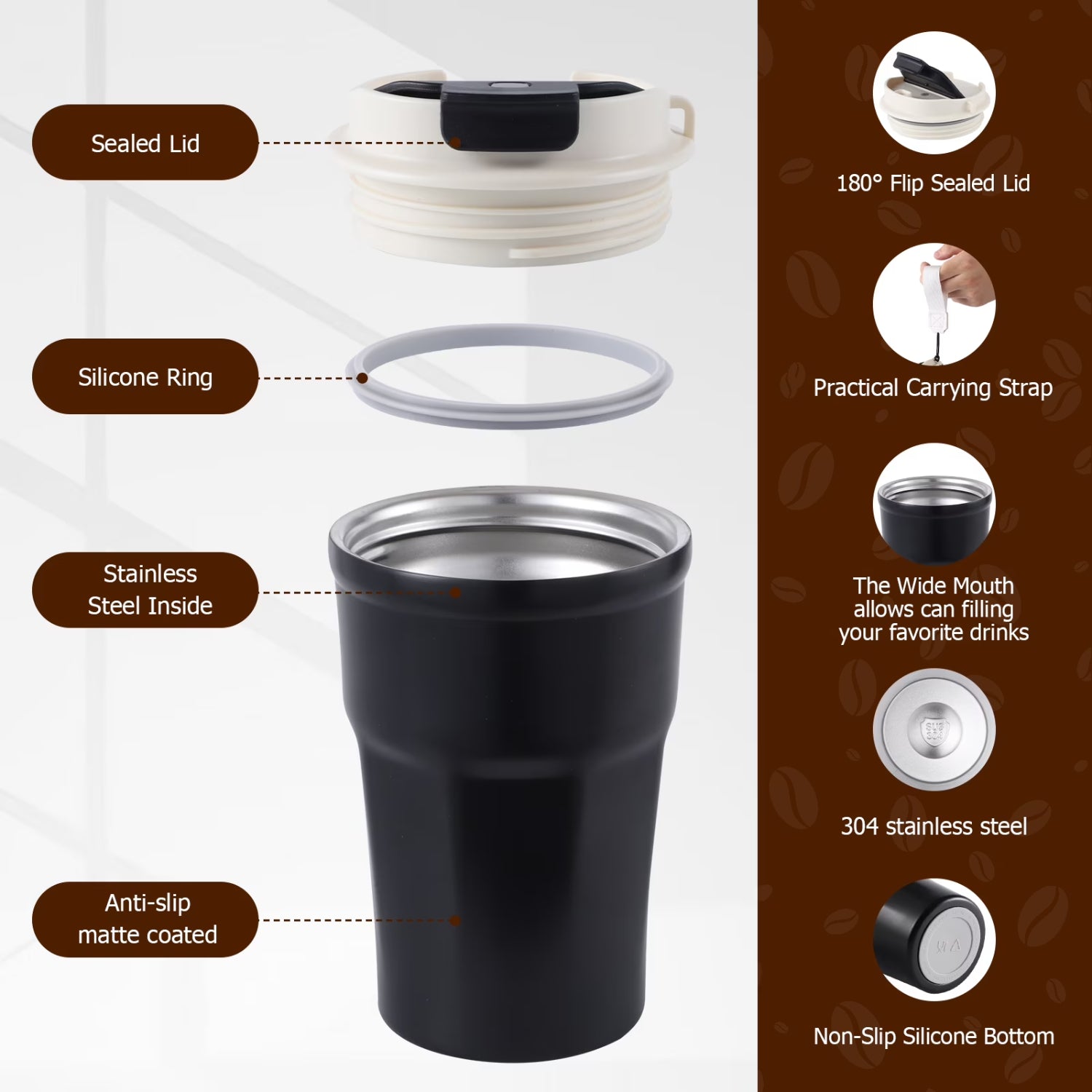 Stainless Steel Insulated Coffee Tumbler with Flip Lid & Carry Strap, 350ml Leakproof Travel Mug for Office, Camping & Commute, Matte Black