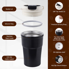 Stainless Steel Insulated Coffee Tumbler with Flip Lid & Carry Strap, 350ml Leakproof Travel Mug for Office, Camping & Commute, Matte Black