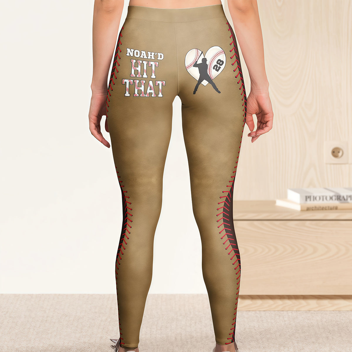 Customized Text Baseball Theme High-Waist Yoga Pants - "Hit That" Fun Graphic Butt-Lift Leggings with Personalized Heart & Stitches Design
