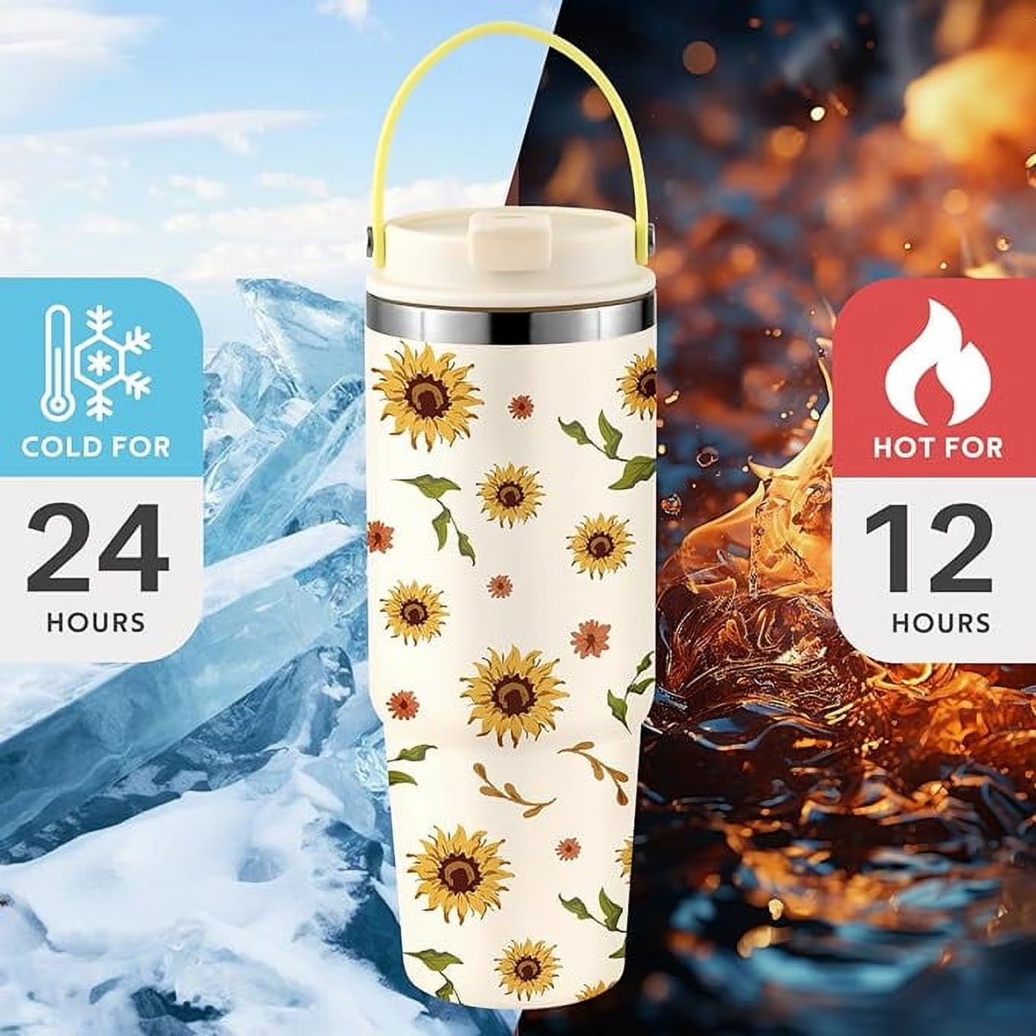 Sunflower Print Insulated Water Bottle with Straw & Handle, Leakproof Stainless Steel Tumbler for Hot/Cold Drinks, Boho Floral Design