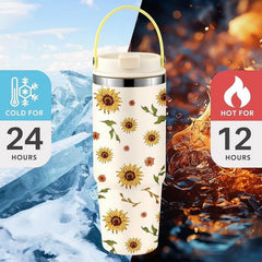 Sunflower Print Insulated Water Bottle with Straw & Handle, Leakproof Stainless Steel Tumbler for Hot/Cold Drinks, Boho Floral Design