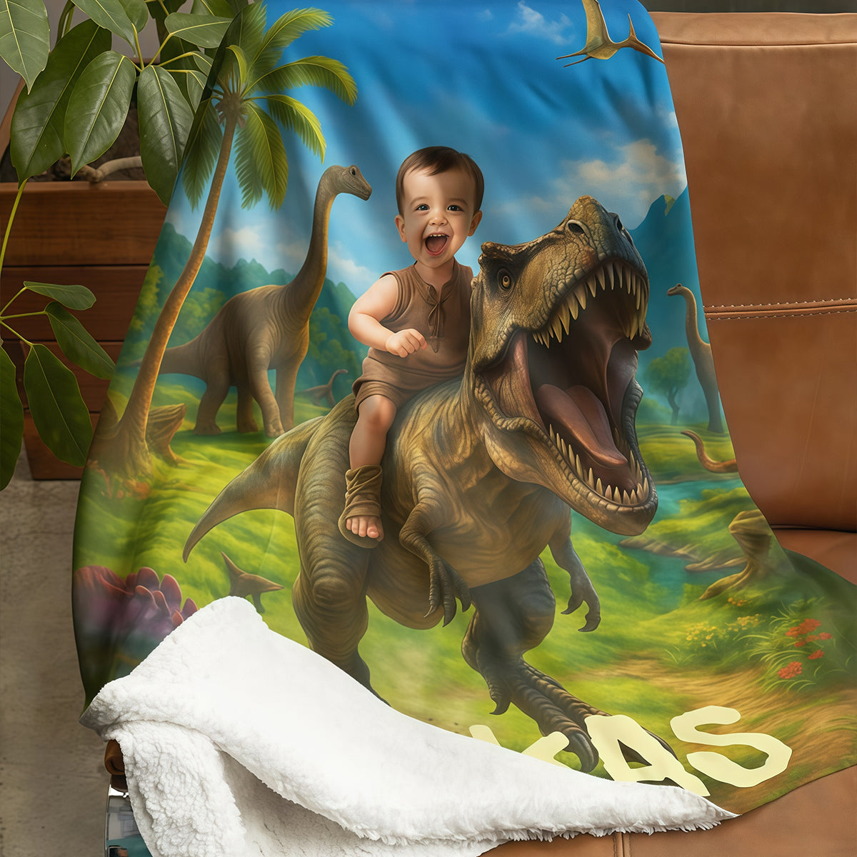 Personalized Dinosaur Blanket with Child’s Photo and Name, Custom Dino Riding Design for Kids.