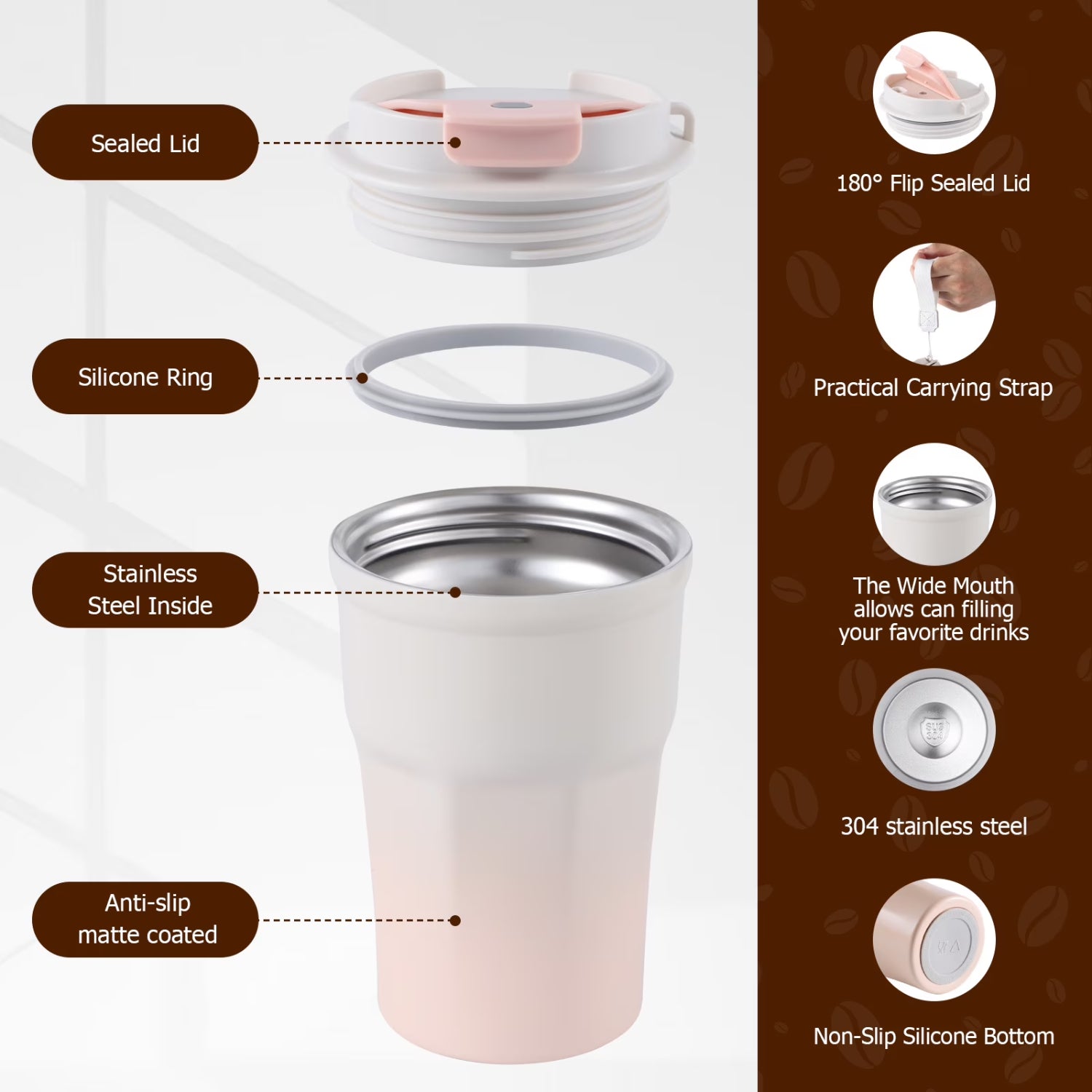 350ml Insulated Stainless Steel Coffee Cup - Leak-Proof Lid & Portable Strap, Reusable Travel Mug for Hot & Cold Drinks, Pastel Pink Gradient