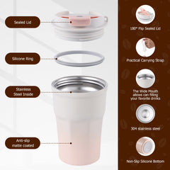 350ml Insulated Stainless Steel Coffee Cup - Leak-Proof Lid & Portable Strap, Reusable Travel Mug for Hot & Cold Drinks, Pastel Pink Gradient
