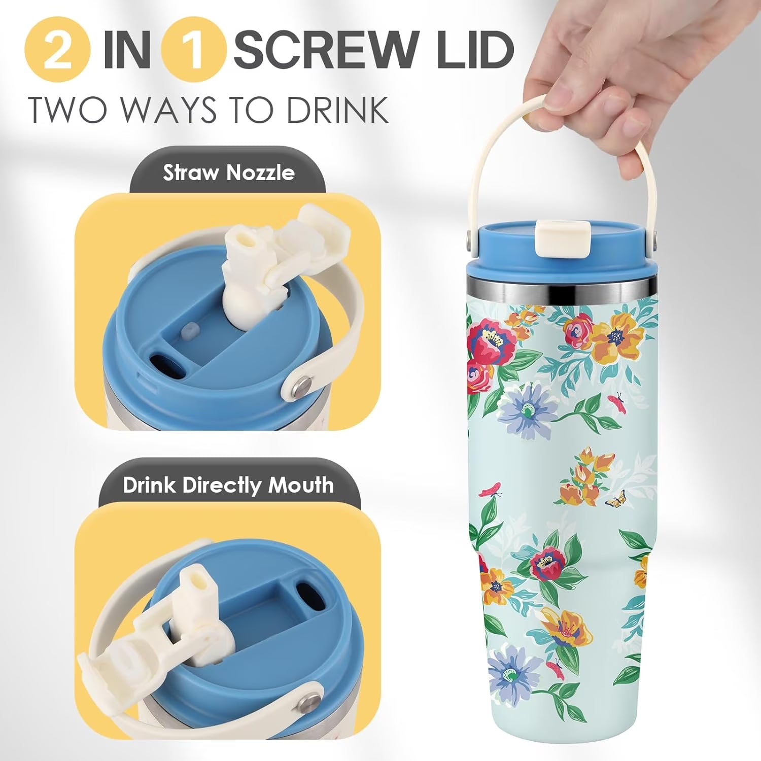 Floral Insulated Water Bottle with Straw Lid & Handle, Stainless Steel Leakproof Tumbler for Iced Drinks, Summer Floral Print