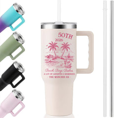 40oz Handle Tumbler | 50th Birthday 2026 Beach Booze Besties Tropical Palm Tree Custom Insulated Travel Cup For Girls Trip Best Friend Gift