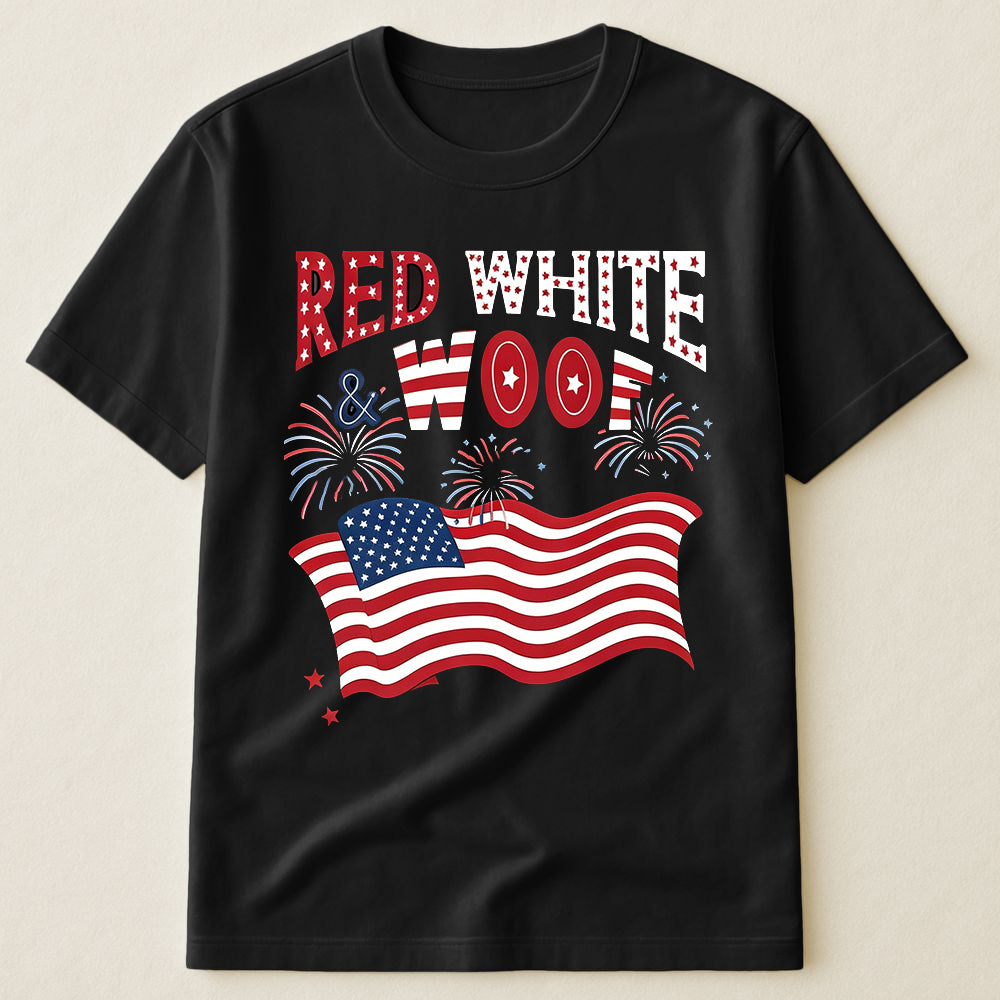 Red White & Woof Dog Lover American Flag Fireworks 4th Of July Patriotic T-Shirt