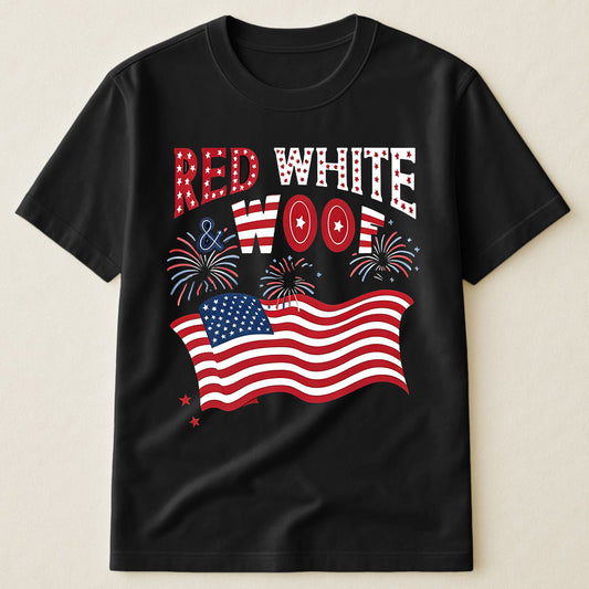 Red White & Woof Dog Lover American Flag Fireworks 4th Of July Patriotic T-Shirt