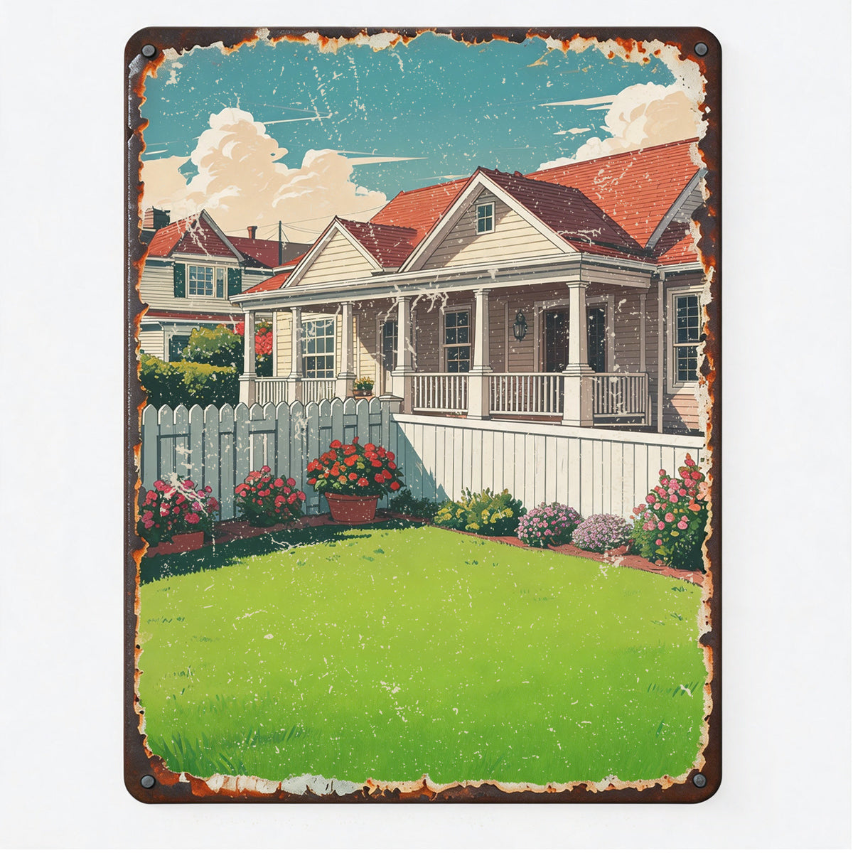Custom Vintage Cottage White Picket Fence House Metal Tin Sign