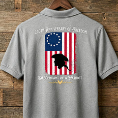 Custom Descendant of a Patriot Polo Shirt, 250th Anniversary of Freedom 1776 Men's Back Print Tee