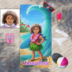 Personalized Girls Beach Towel with Face & Name, Surf Tropical Kid Gift, Kids Pool Towel.