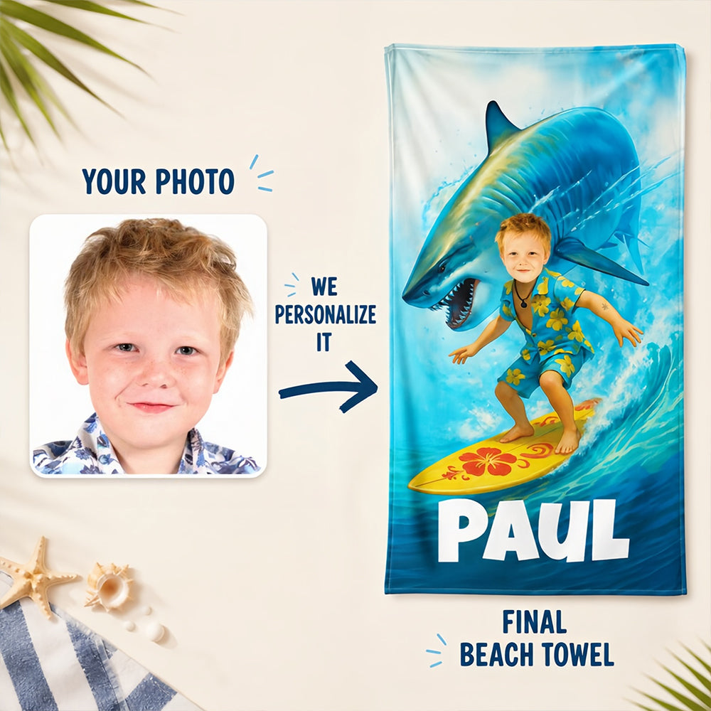 Personalized Shark Beach Towel for Kids, Custom Face Pool Towel, Boys Summer Gift, Surfing Shark Towel with Name, Birthday Beach Gift.