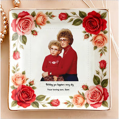 Personalized Mother’s Day Jewelry Dish - Custom Photo Ceramic Trinket Tray with Floral Rose Border