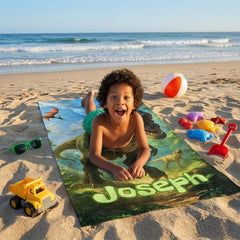 Personalized Dinosaur Beach Towel, Custom Dino Kid Pool Towel, Child Face Name, Boys Gift.