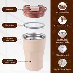 350ml Double Wall Vacuum Insulated Coffee Cup - BPA-Free Leakproof Lid & Strap, Reusable Thermal Mug for Hot/Cold Beverages, Neutral Beige