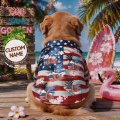 Custom Name Patriotic Dog Hawaiian Shirt, American Flag Palm Hibiscus Floral Print Personalized Pet Summer Beach Button Down Clothes