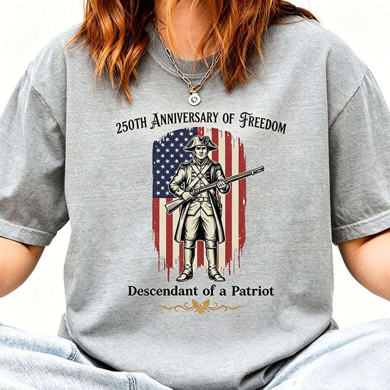 Custom Descendant of a Patriot Shirt, Vintage American Flag Graphic on Comfort Colors Tee, Revolutionary War Heritage TShirt, 250th Birthday