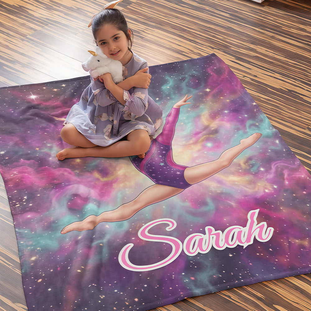 Personalized Gymnast Blanket with Child’s Face & Name, Custom Photo Throw Dance Gift for Girls.