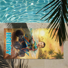 Personalized Kids Beach Towel with Face & Name, Custom Beach Towel for Boys, Summer Gift, ATV racing gift.