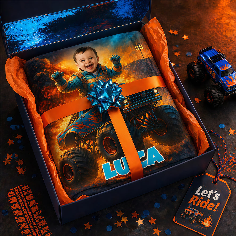 Custom Monster Truck Beach Towel with Photo, Birthday Gift for Kids, Boys, Grandson & Son.