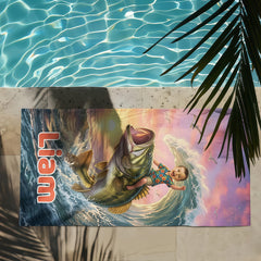 Personalized Fishing Beach Towel with Boys Face & Name, Bass Fish Kid Gift, Kids Towel.