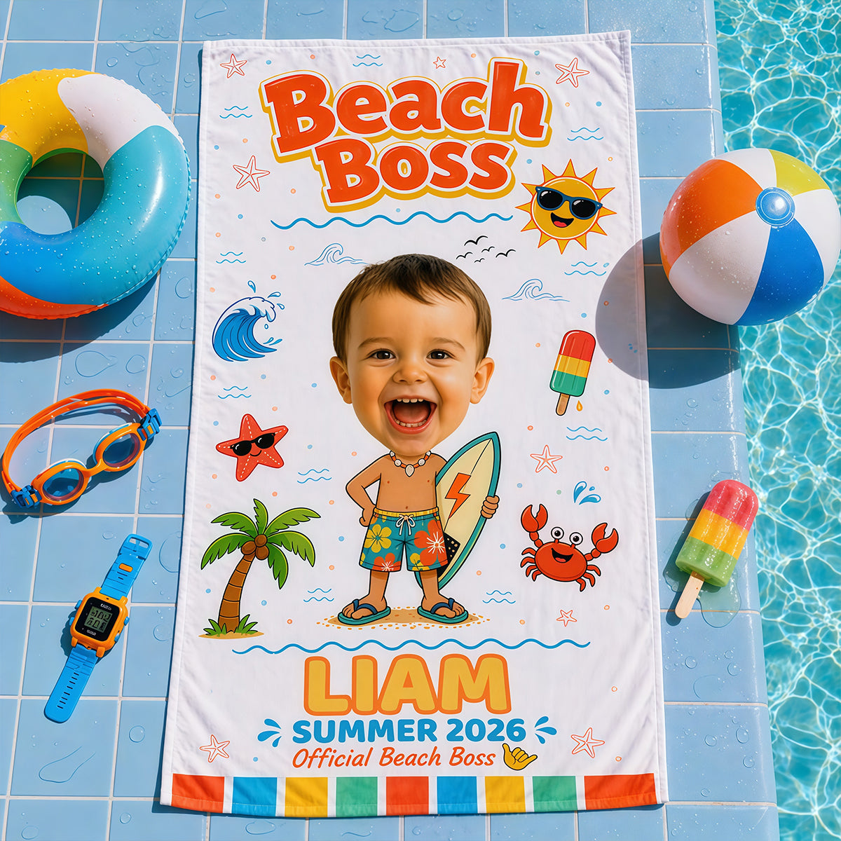 Personalized Beach Towel Kids Custom Face, Toddler Pool Towels, Photo Towel with Name Summer.